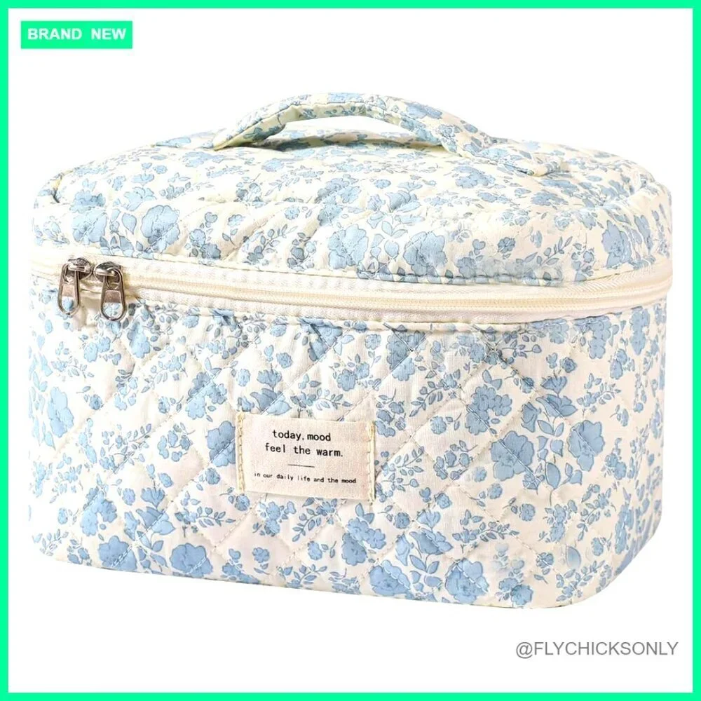 Large Cotton Cosmetic Bag, Travel Makeup Organizer with Zipper Closure